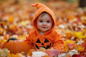 a child with Halloween pumpkin costume in autumn background photo