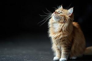 Close-up of a cat looking up against a teal background, capturing its curious and serene expression. photo