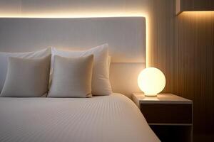 A bed with two white pillows and a white comforter. The pillows are neatly arranged and the bed is made. The room is dimly lit, creating a cozy and relaxing atmosphere photo