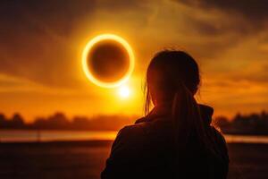 rear view of woman looking at solar eclipse in the sky. photo