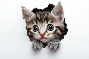 A cat is peeking out of a hole in a white paper isolated background. photo