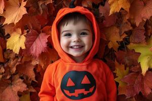 a child with Halloween pumpkin costume in autumn background photo