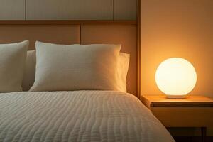 A bed with two white pillows and a white comforter. The pillows are neatly arranged and the bed is made. The room is dimly lit, creating a cozy and relaxing atmosphere photo