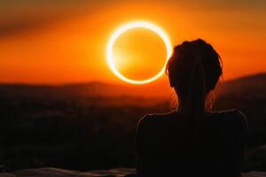 rear view of woman looking at solar eclipse in the sky. photo
