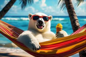 a happy polar bear hold ice cream is lounging hammock wearing sunglasses on a sandy beach. summer and vacation concepts photo