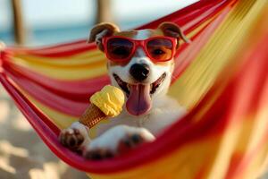 a happy Jack Russell Terrier hold ice cream is lounging hammock wearing sunglasses on a sandy beach. summer and vacation concepts photo