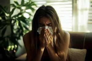 A woman sneezes, reaching for a tissue to cover her nose She holds one tissue in each hand photo