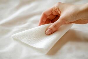 Close-up of a hand holding a white paper napkin, wiping on wall isolated background. photo