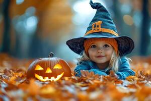 a little kids in costume celebrating halloween together with halloween pumpkins. photo