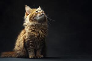Close-up of a cat looking up against a teal background, capturing its curious and serene expression. photo