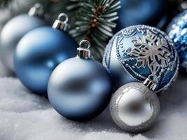 Christmas balls with snowflake patterns placed on a snowy white surface on a blue backdrop, Christmas balls, Christmas background photo