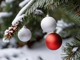 Christmas balls hanging on icy fir tree,Snowy atmosphere, Christmas, Christmas background photo