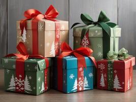 Themed Christmas gift boxes with popular holiday motifs. Wrapped in colorful paper and tied with a matching bow, arranged in a festive style with holiday decorations, Christmas gift box photo