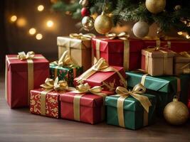 Christmas gift boxes wrapped in red, green and gold paper with matching ribbons and bows. These boxes are placed under the Christmas tree. photo