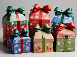 Themed Christmas gift boxes with popular holiday motifs. Wrapped in colorful paper and tied with a matching bow, Christmas gift box photo