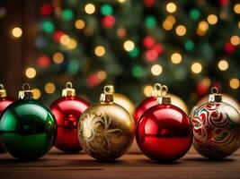Colorful vintage glass christmas balls. Christmas balls placed on a wooden table with bokeh sparkling lights backdrop, Christmas balls, Christmas background. photo
