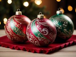 Colorful Christmas balls arranged on a festive table with holiday decorations in the background, Christmas balls, Christmas background photo