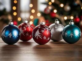 Colorful Christmas balls arranged on a wooden table with holiday decorations in the background, Christmas balls, Christmas background photo