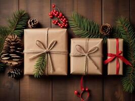 Christmas gift box, Rustic style background with Christmas gift boxes wrapped in brown kraft paper and tied with string photo