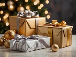 Luxury Christmas gift boxes wrapped in gold and silver metallic paper. Boxes are placed on a marble table with gold twinkling lights. photo