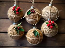 Handmade Christmas balls made of natural materials decorated with small beads, Ribbons placed on a wooden table, Christmas balls, Christmas background photo