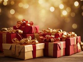 Background with bokeh effect with sparkling lights. Contains many Christmas gift boxes wrapped in red and gold paper. photo