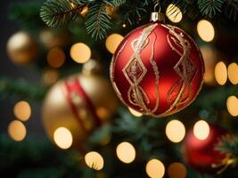 Close-up of a red christmas ball hanging on a green Christmas tree with bokeh lights background, Christmas balls, Christmas background photo