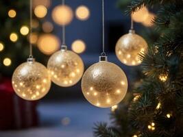 Christmas balls with LED lights hanging on a Christmas tree and emitting warm and attractive light, Christmas balls, Christmas background photo