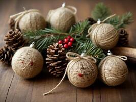 DIY handmade Christmas balls from natural materials placed on a wooden table, Christmas balls, Christmas background photo