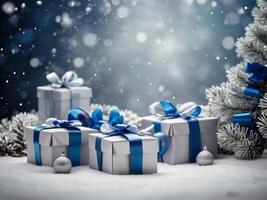 Snowy background with Christmas gift boxes wrapped in white and silver paper. Snowflakes falling down and icy fir trees. photo
