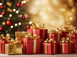 Vibrant background consisting of Christmas gift boxes wrapped in red and gold paper. Background has a bokeh effect. photo