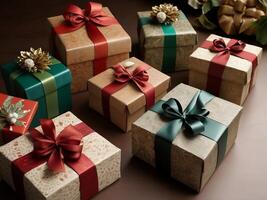 Christmas gift boxes. The boxes are wrapped in various colored papers and adorned with unique decorations. photo