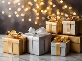 An elegant background featuring Christmas gift boxes wrapped in luxurious gold and silver paper, Christmas gift box photo