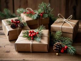 Rustic Christmas gift boxes wrapped in brown kraft paper and tied with twine, Christmas gift box photo