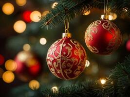 Close-up of a red christmas ball hanging on a green Christmas tree, decorated with intricate patterns and glitter, Christmas balls, Christmas background photo