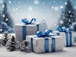 Snowy background with Christmas gift boxes wrapped in white and silver paper. photo