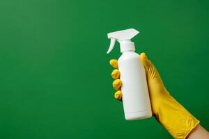 hand in yellow rubber glove holding plastic spray bottle, cleaning detergent on a isolated background. photo
