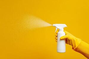 hand in yellow rubber glove holding plastic spray bottle, cleaning detergent on a isolated background. photo