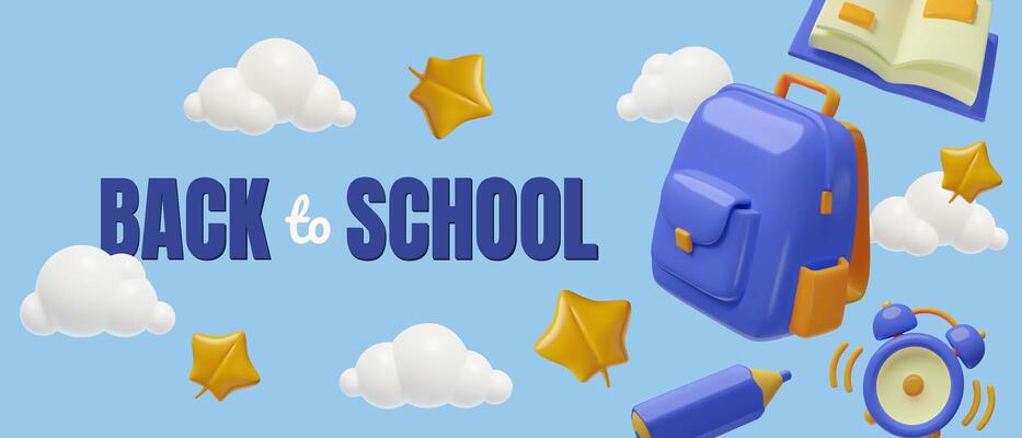 3D Back to School Horizontal Banner or Background with blue toy plastic backpack clouds golden leaf