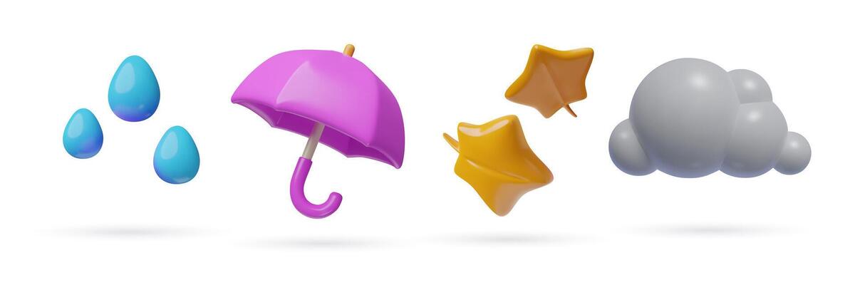 Autumn 3d icons set. Cartoon glossy plastic raindrops, opened umbrella, maple red leaves, grey cloud