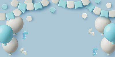 Birthday or baby shower 3D blue background with balloons party bunting flags and confetti vector