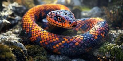 a close up of a colorful snake on a blue and pink background with a blurry image of the snake's head. photo