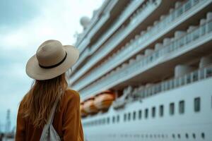 a woman standing in front of a cruise ship, travel concept, cheerful,. photo
