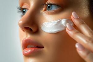 Beauty Model woman Pointing Up - Clear Skin Cosmetic Advertisement photo