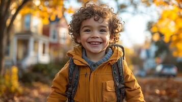 The image features a joyful young boy with curly hair, wearing a yellow jacket and a backpack, smiling brightly while standing on a tree-lined street during autumn photo