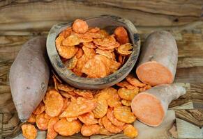 fried and salted chips of Yam the sweet potatoe Ipomoea batatas photo