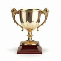 A high-quality 3D rendering of a golden trophy with ornate handles and a wooden base. The trophy has a blank plaque for custom engraving photo