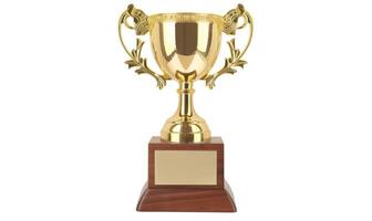 A high-quality 3D rendering of a golden trophy with ornate handles and a wooden base. The trophy has a blank plaque for custom engraving photo