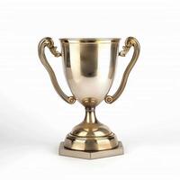 A high-quality 3D rendering of a golden trophy with ornate handles and a wooden base. The trophy has a blank plaque for custom engraving photo
