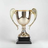 A high-quality 3D rendering of a golden trophy with ornate handles and a wooden base. The trophy has a blank plaque for custom engraving photo